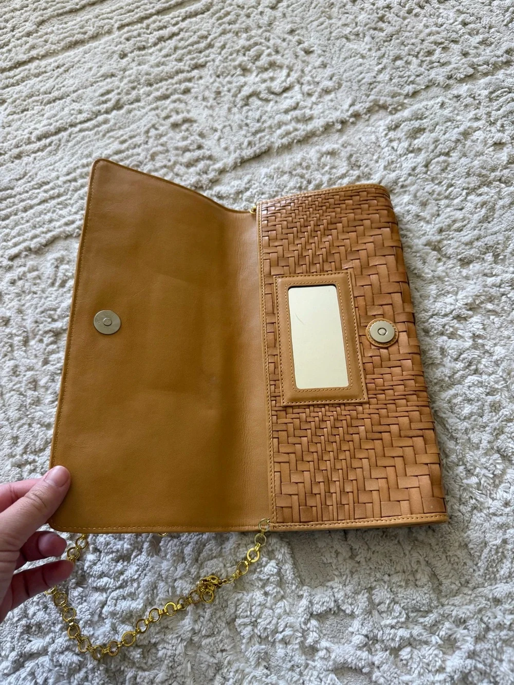 Cole Haan's iconic Genevieve woven leather tan crossbody bag